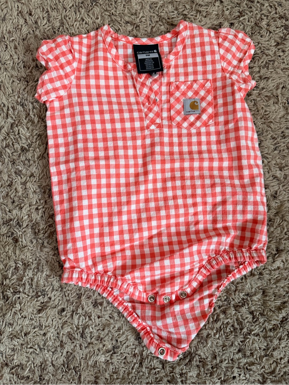 Carhartt Girls' Coral and White Gingham Bodysuit